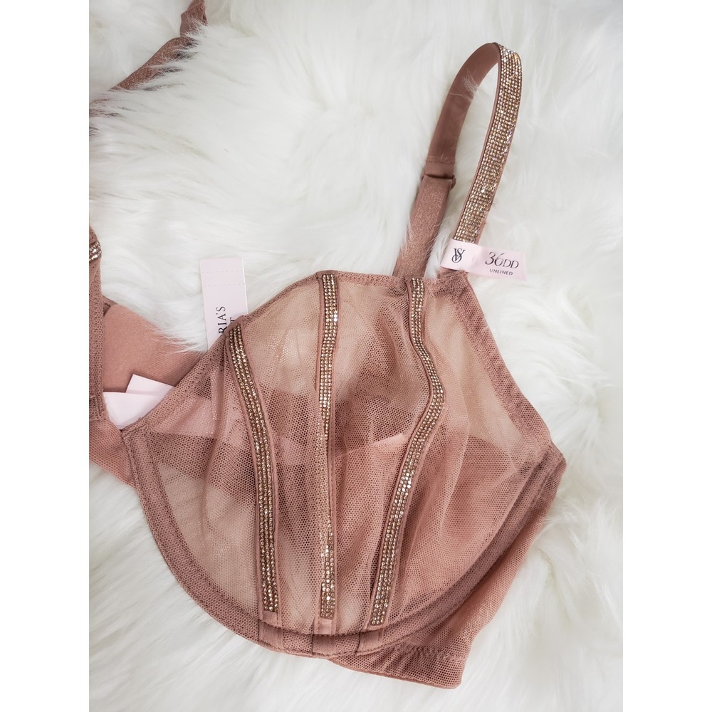 Victoria's Secret Shine Strap Unlined Low-Cut Demi Bra Thong Set Taupe 36DD & XL - Picture 9 of 11